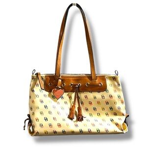Vintage Dooney Bourke Tassel Tote Bag Purse DB Logo Coated Canvas Heart Charm